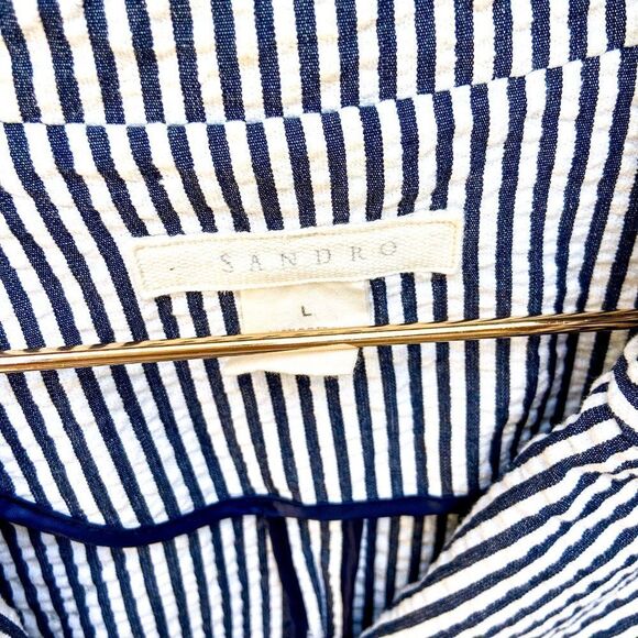 Sandro Navy Blue White Stripped Seersucker Long Sleeve Three Button Blazer - Picture 3 of 9